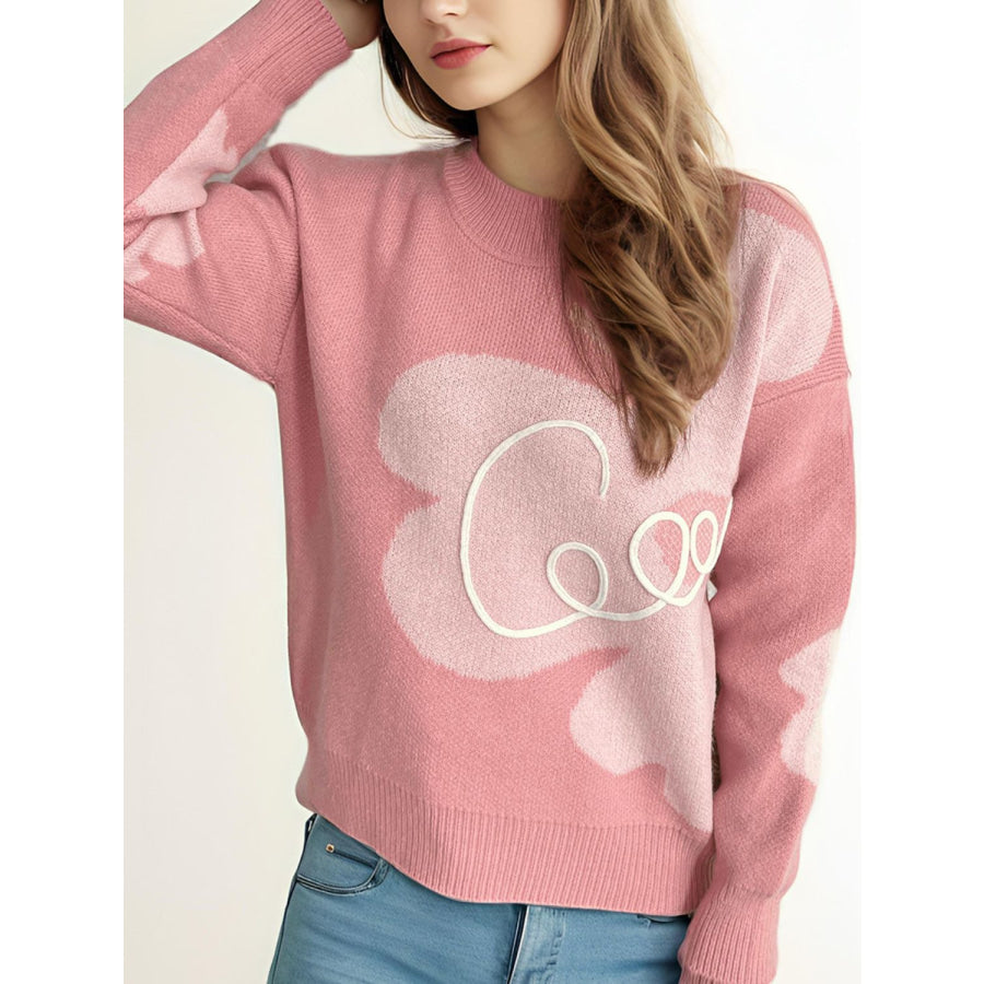 Contrast Round Neck Dropped Shoulder Sweater Blush Pink / One Size Apparel and Accessories