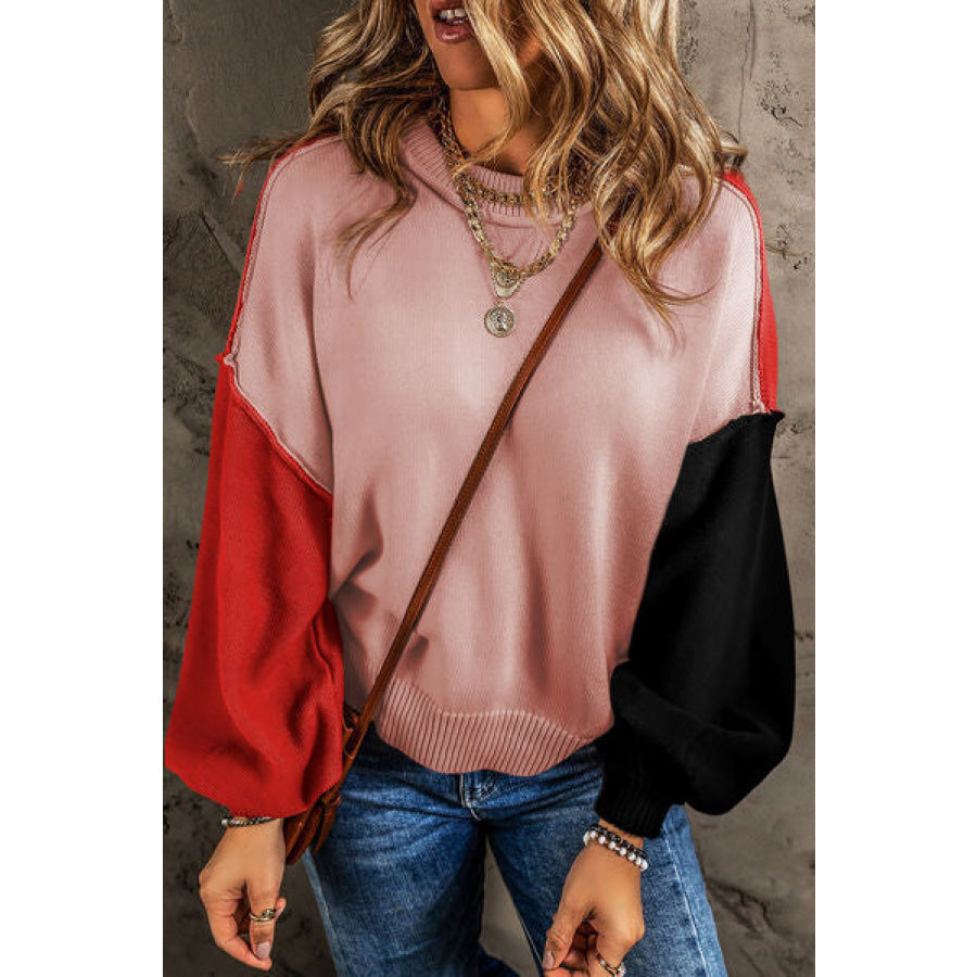 Contrast Round Neck Dropped Shoulder Sweater Blush Pink / S Apparel and Accessories