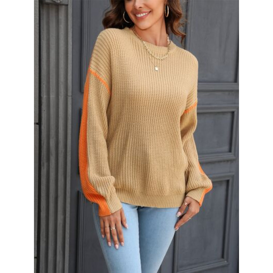 Contrast Round Neck Dropped Shoulder Sweater Camel / S Apparel and Accessories