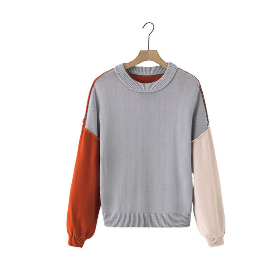 Contrast Round Neck Dropped Shoulder Sweater Cloudy Blue / S Apparel and Accessories