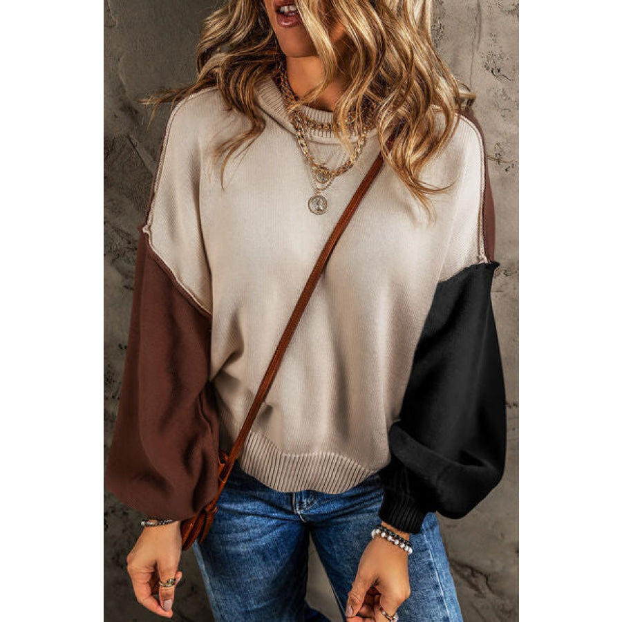 Contrast Round Neck Dropped Shoulder Sweater Dust Storm / S Apparel and Accessories