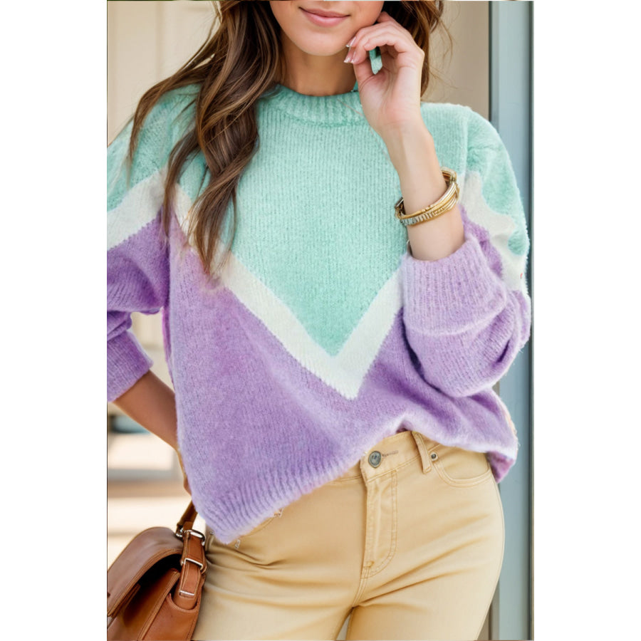 Contrast Round Neck Dropped Shoulder Sweater Lavender / S Apparel and Accessories