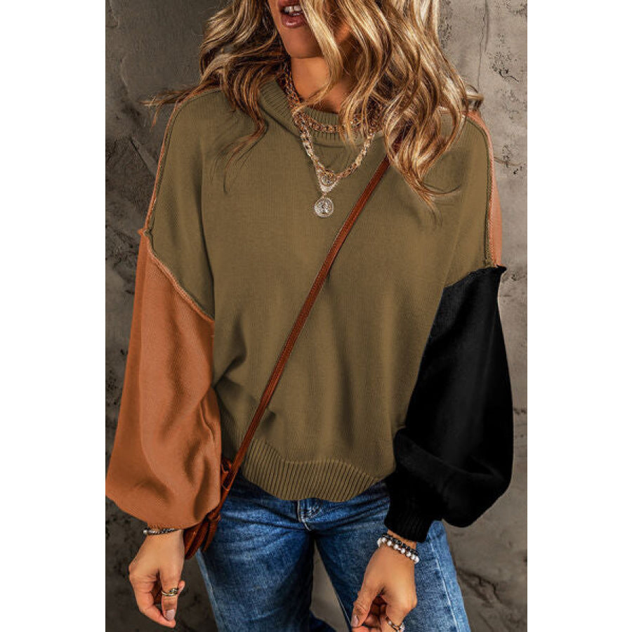 Contrast Round Neck Dropped Shoulder Sweater Moss / S Apparel and Accessories
