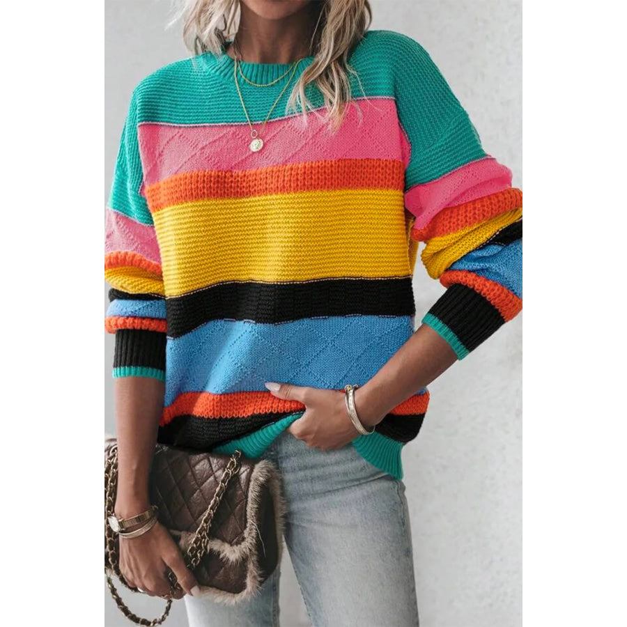 Contrast Round Neck Dropped Shoulder Sweater Turquoise / S Apparel and Accessories