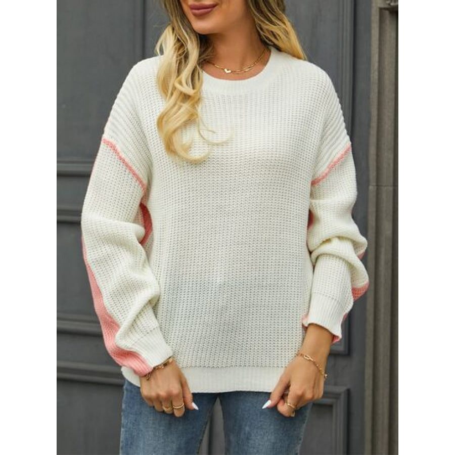 Contrast Round Neck Dropped Shoulder Sweater White / S Apparel and Accessories