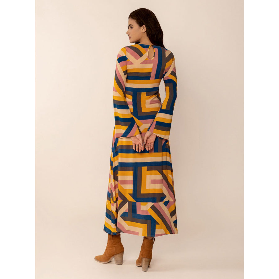 Contrast Round Neck Flare Sleeve Midi Dress Multicolor / S Apparel and Accessories