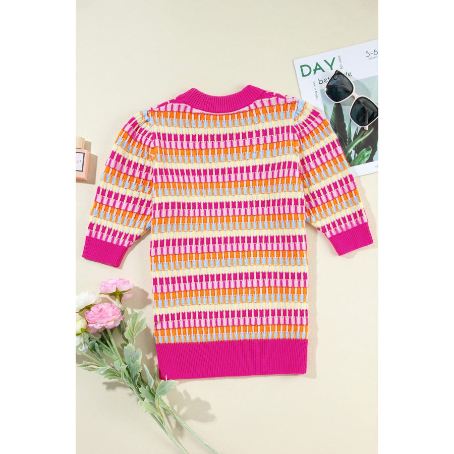 Contrast Round Neck Half Sleeve Knit Top Hot Pink / S Apparel and Accessories