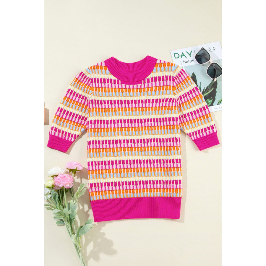 Contrast Round Neck Half Sleeve Knit Top Hot Pink / S Apparel and Accessories