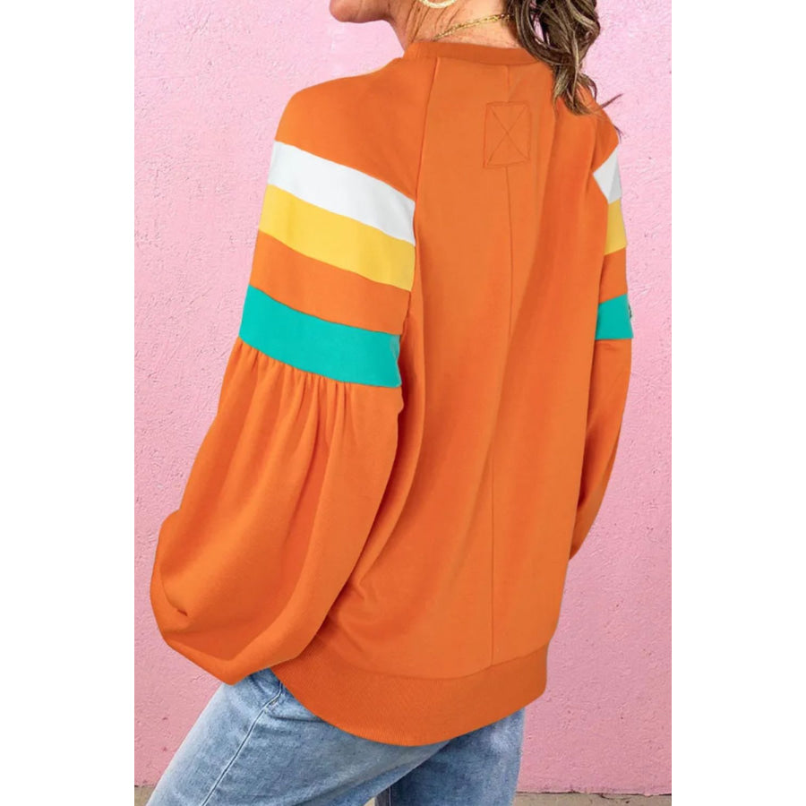 Contrast Round Neck Long Sleeve Blouse Orange / S Apparel and Accessories