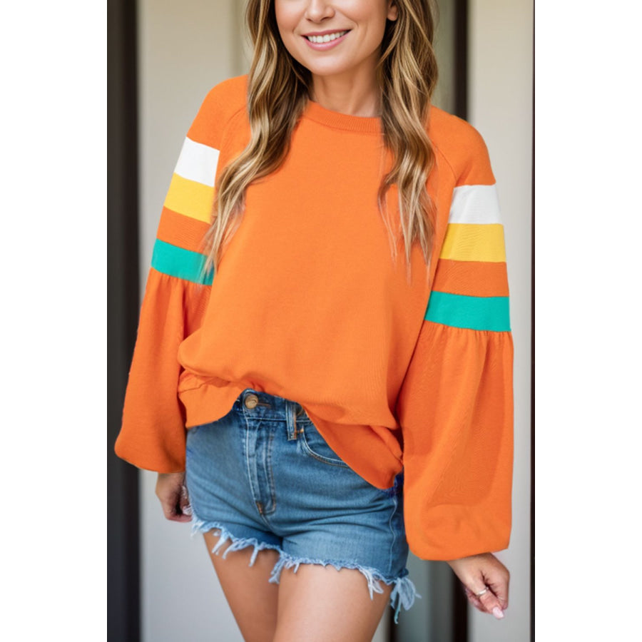 Contrast Round Neck Long Sleeve Blouse Orange / S Apparel and Accessories