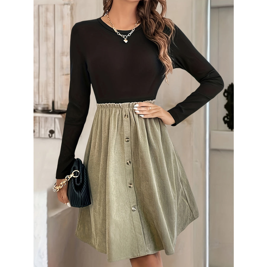 Contrast Round Neck Long Sleeve Dress Apparel and Accessories