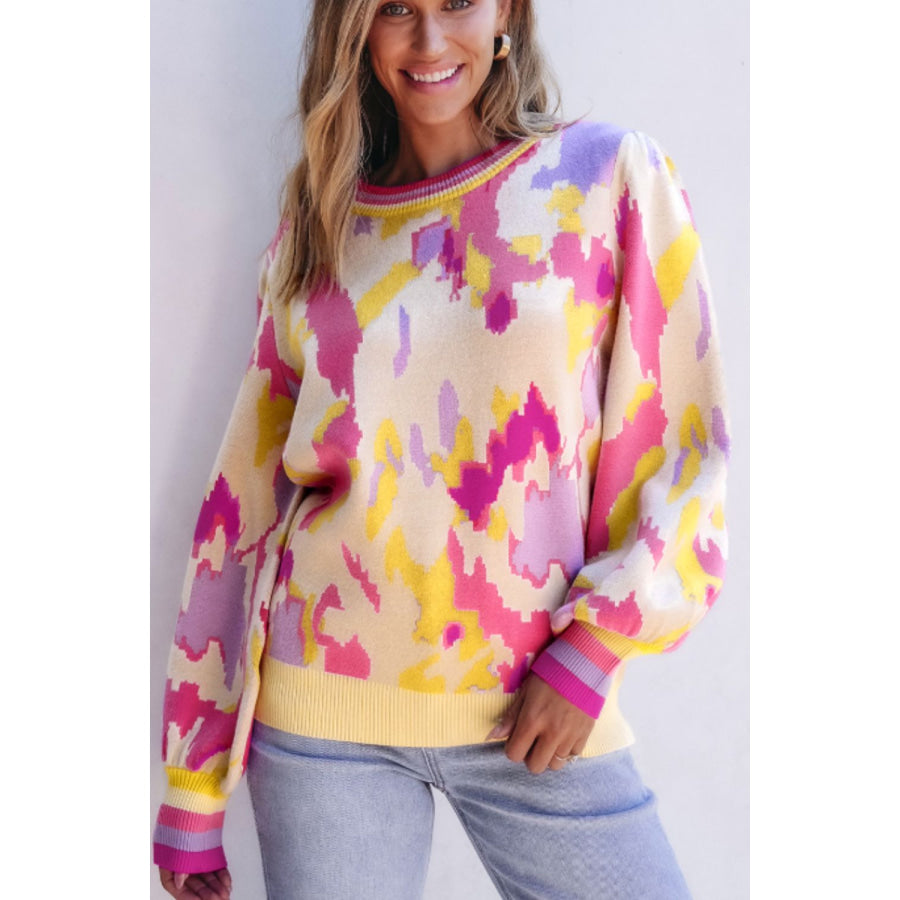 Contrast Round Neck Long Sleeve Sweater Floral / S Apparel and Accessories