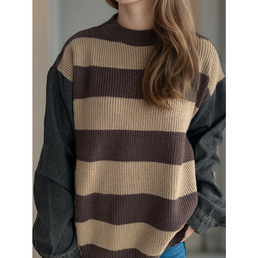 Contrast Round Neck Long Sleeve Sweater Apparel and Accessories