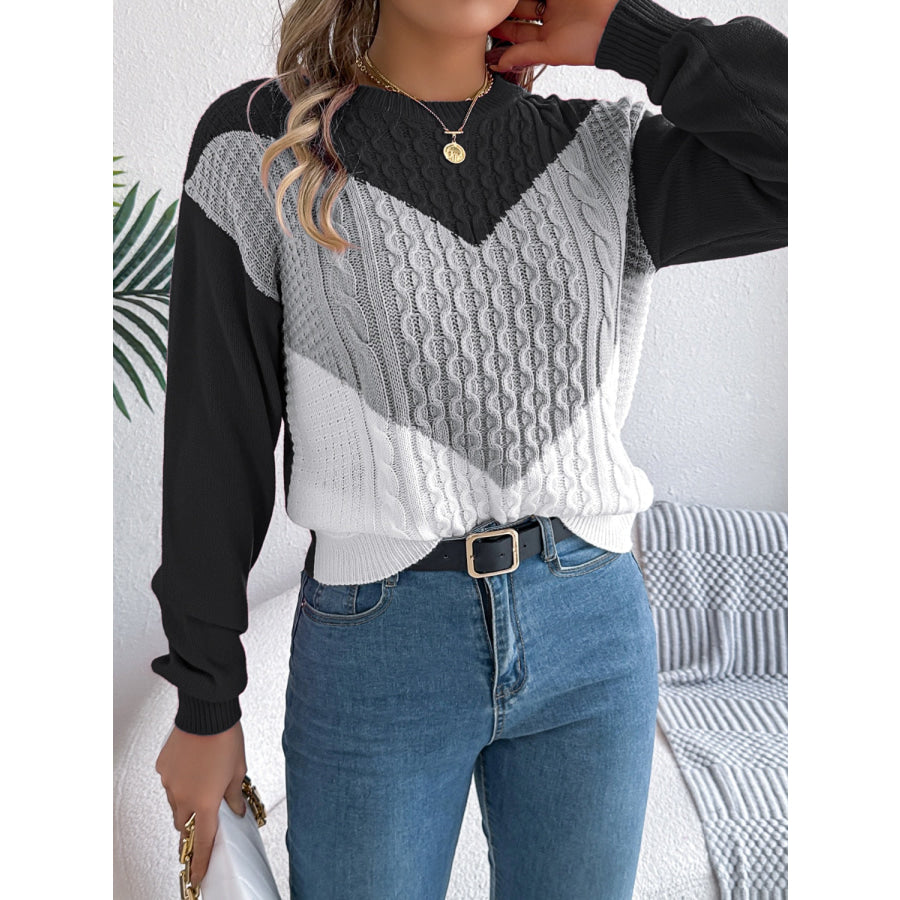 Contrast Round Neck Long Sleeve Sweater Apparel and Accessories