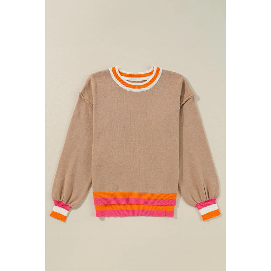 Contrast Round Neck Long Sleeve Sweater Apparel and Accessories