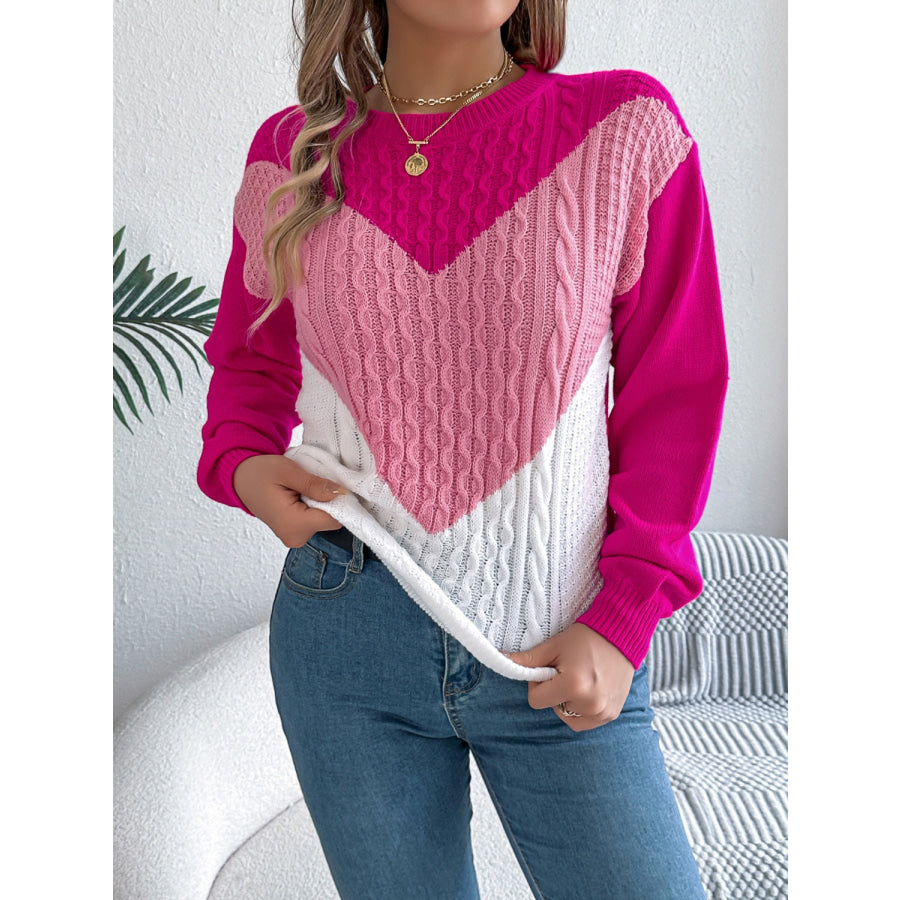 Contrast Round Neck Long Sleeve Sweater Apparel and Accessories