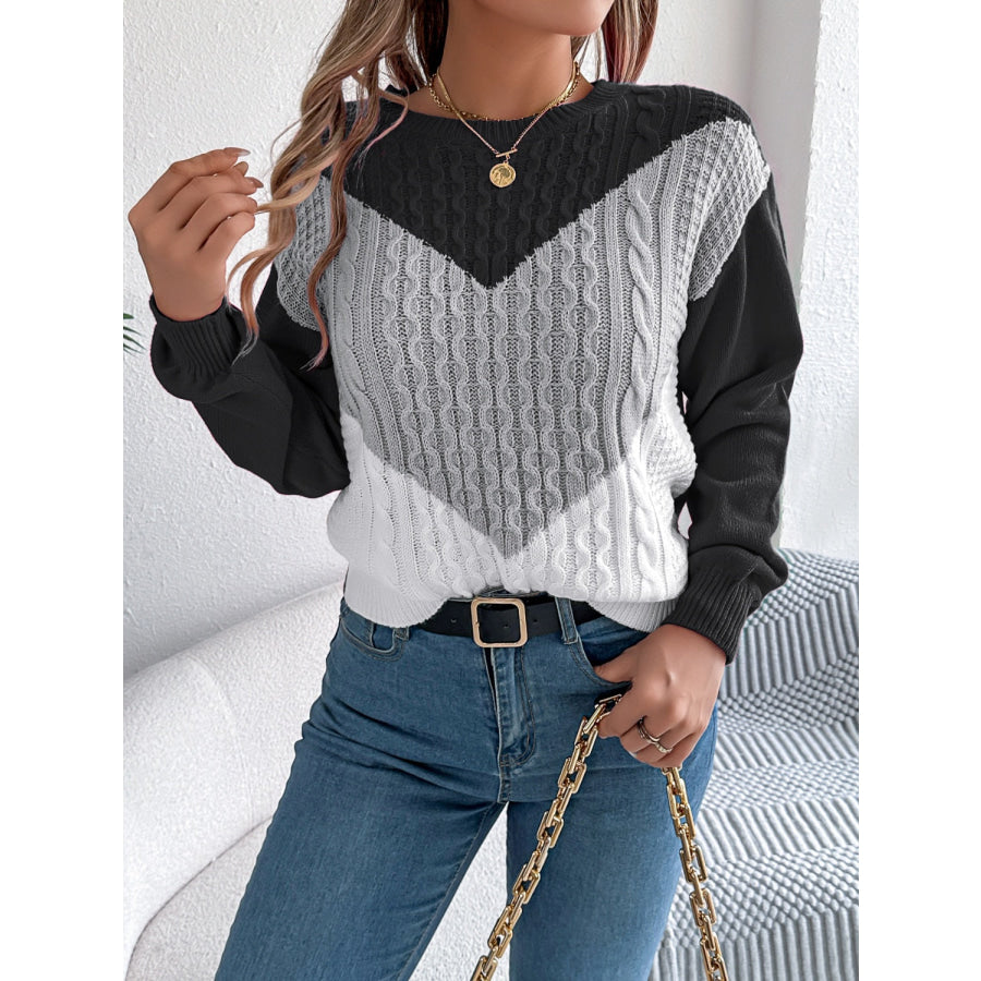 Contrast Round Neck Long Sleeve Sweater Apparel and Accessories