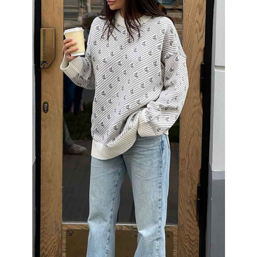 Contrast Round Neck Long Sleeve Sweater Apparel and Accessories