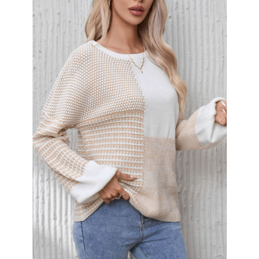 Contrast Round Neck Long Sleeve Sweater White / S Apparel and Accessories