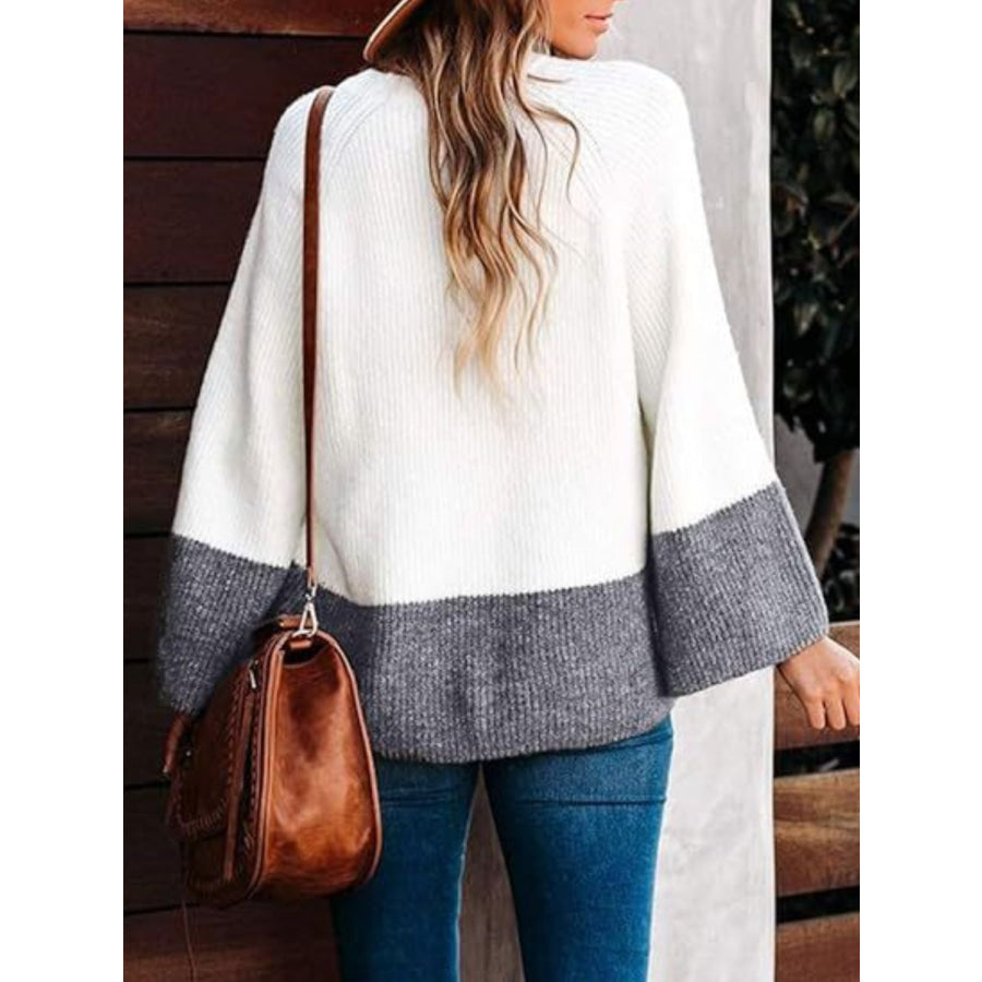 Contrast Round Neck Long Sleeve Sweater White / S Apparel and Accessories