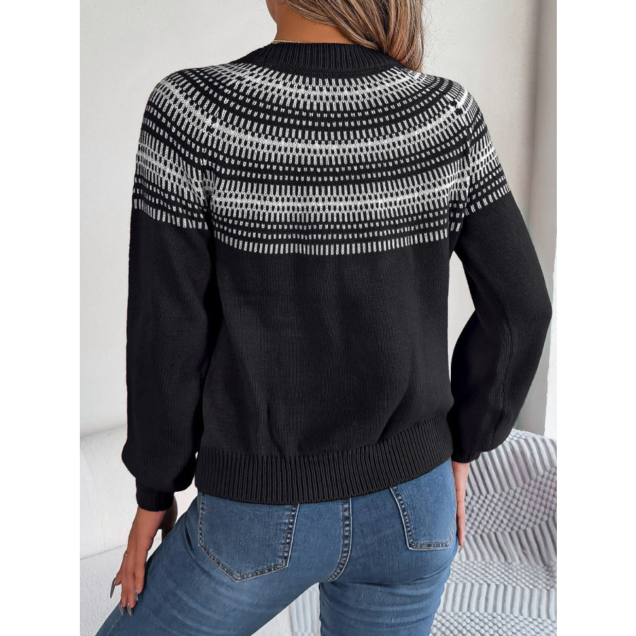 Contrast Round Neck Long Sleeve Sweater Apparel and Accessories