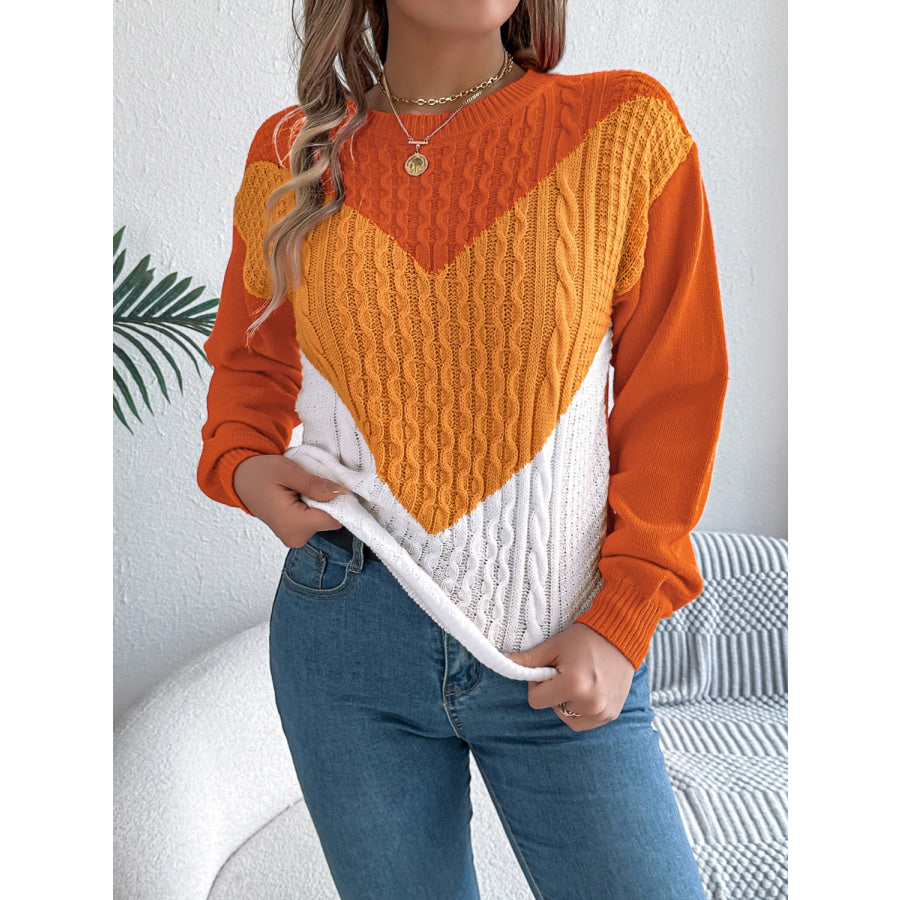 Contrast Round Neck Long Sleeve Sweater Apparel and Accessories