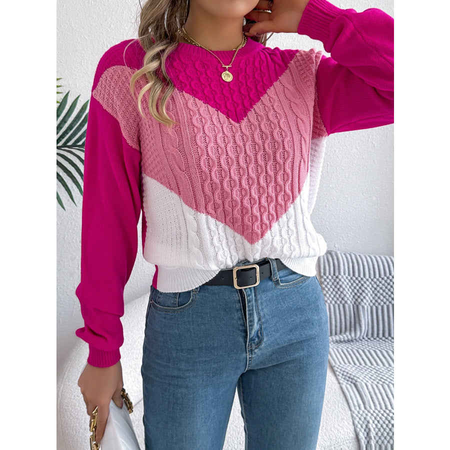 Contrast Round Neck Long Sleeve Sweater Apparel and Accessories