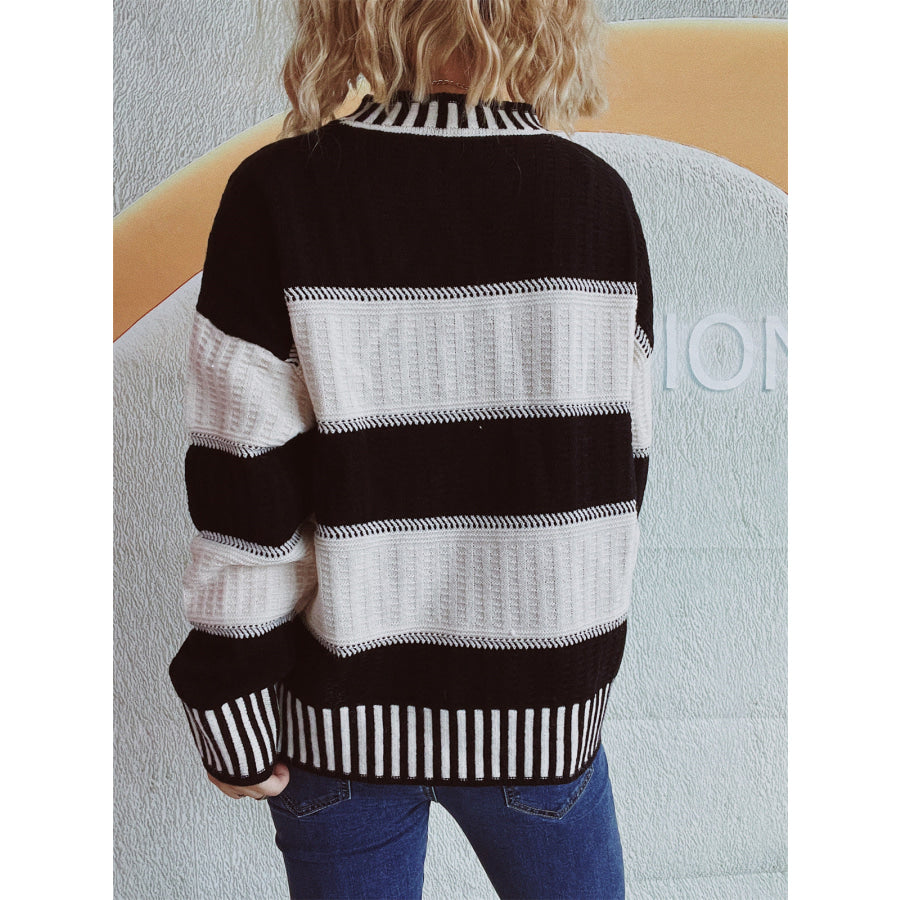 Contrast Round Neck Long Sleeve Sweater Apparel and Accessories