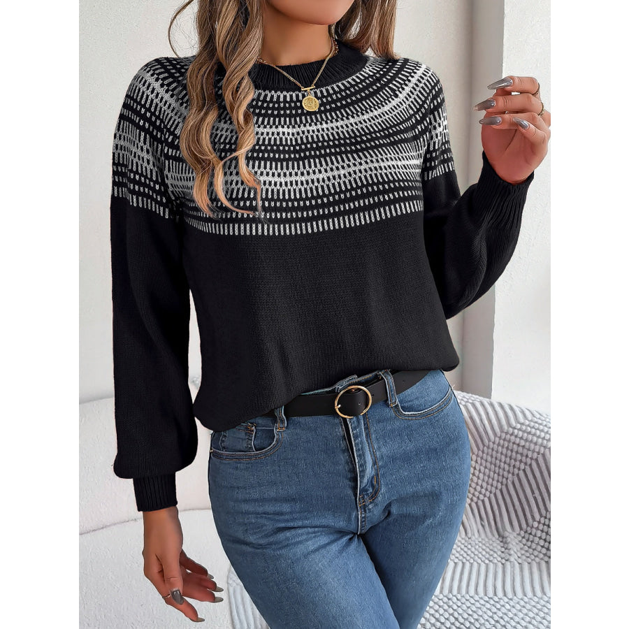 Contrast Round Neck Long Sleeve Sweater Apparel and Accessories