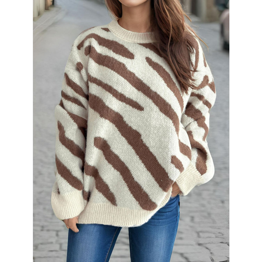 Contrast Round Neck Long Sleeve Sweater Apparel and Accessories