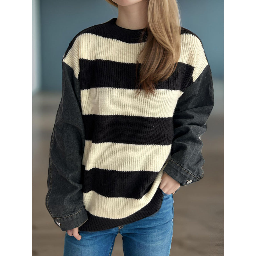 Contrast Round Neck Long Sleeve Sweater Apparel and Accessories