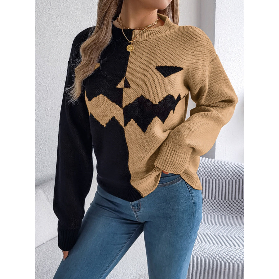 Contrast Round Neck Long Sleeve Sweater Apparel and Accessories