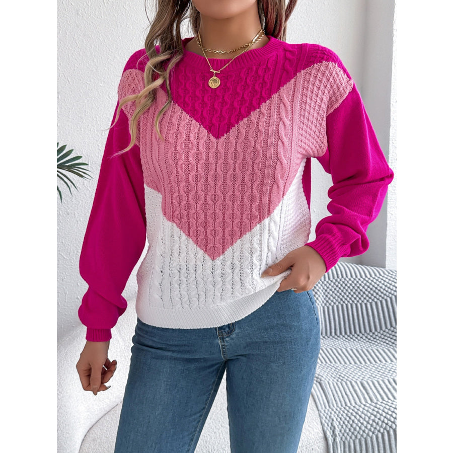 Contrast Round Neck Long Sleeve Sweater Apparel and Accessories