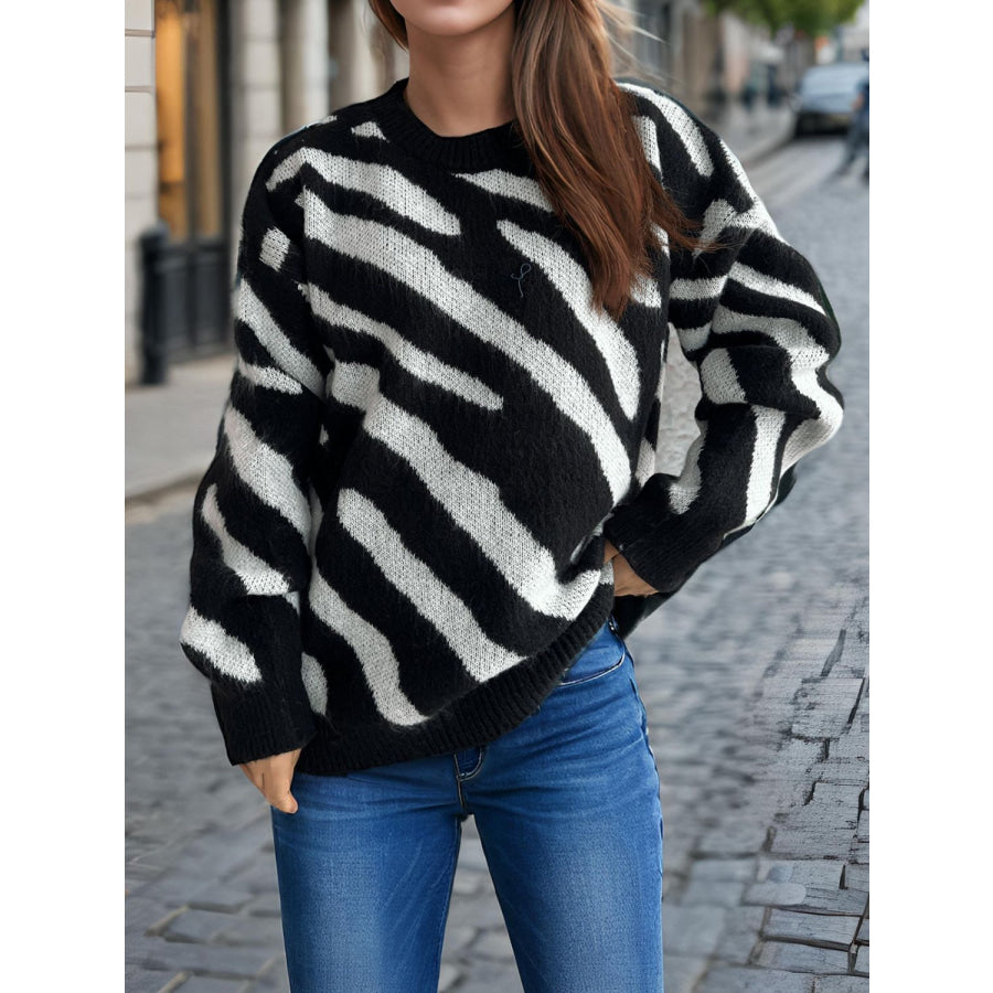 Contrast Round Neck Long Sleeve Sweater Apparel and Accessories