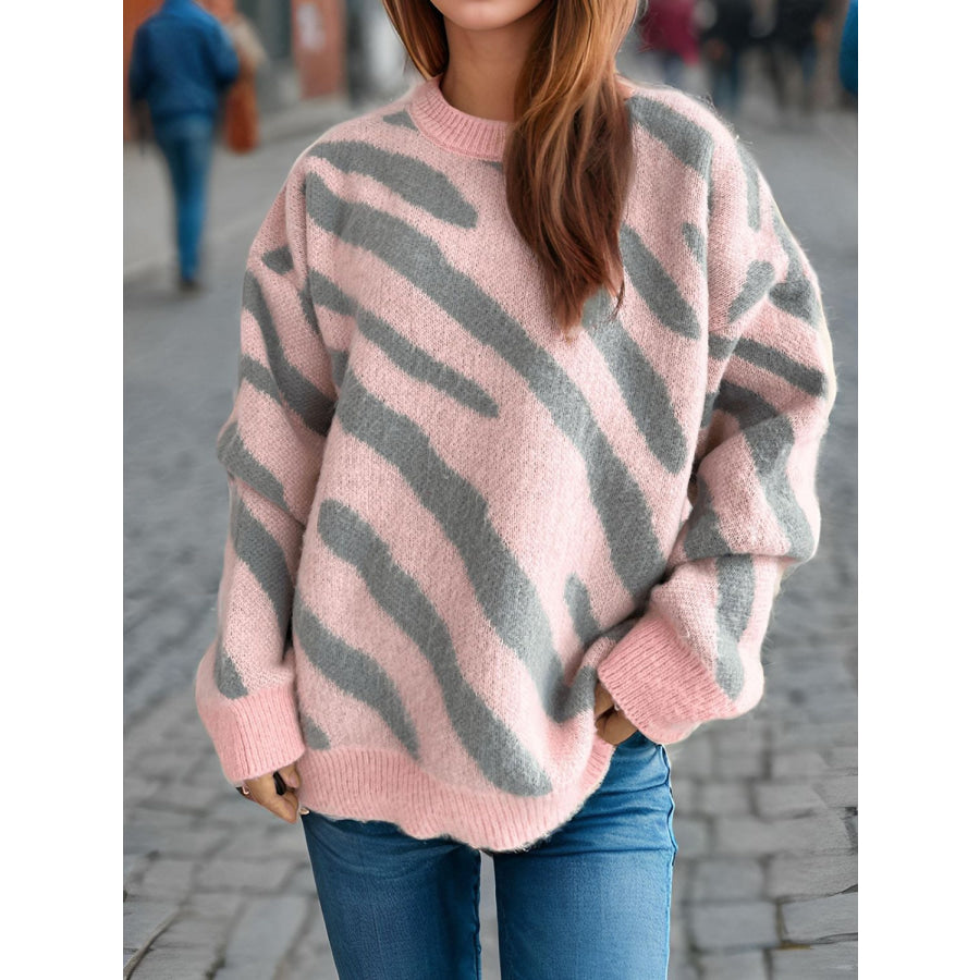 Contrast Round Neck Long Sleeve Sweater Apparel and Accessories