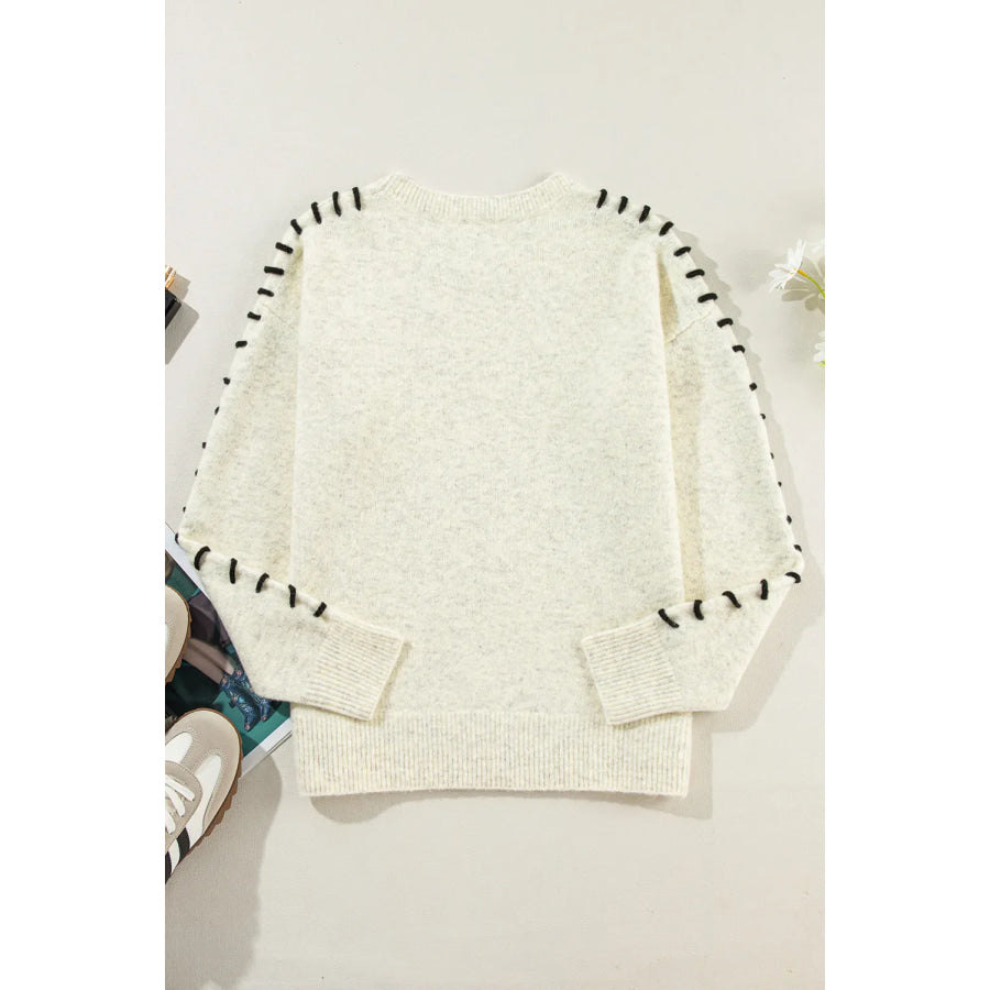 Contrast Round Neck Long Sleeve Sweater Apparel and Accessories