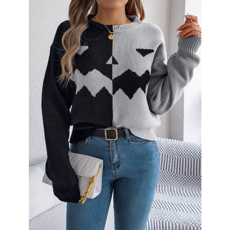 Contrast Round Neck Long Sleeve Sweater Apparel and Accessories