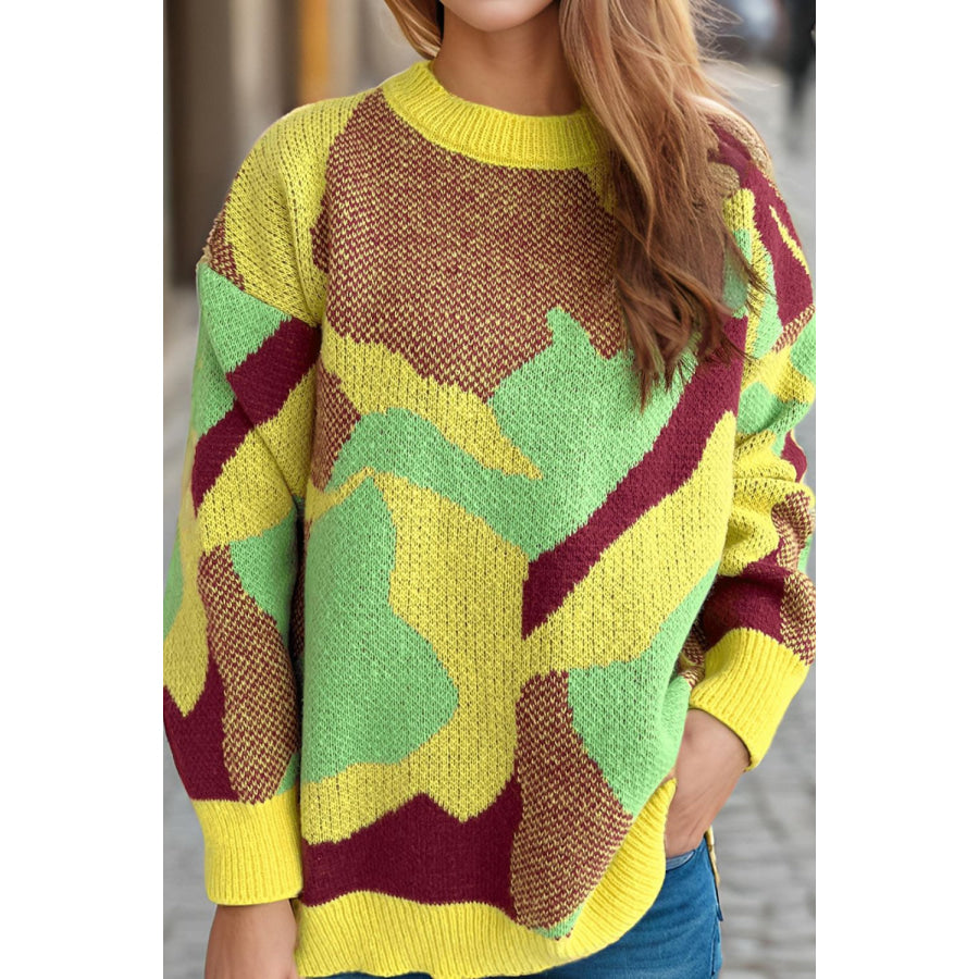 Contrast Round Neck Long Sleeve Sweater Canary Yellow / One Size Apparel and Accessories