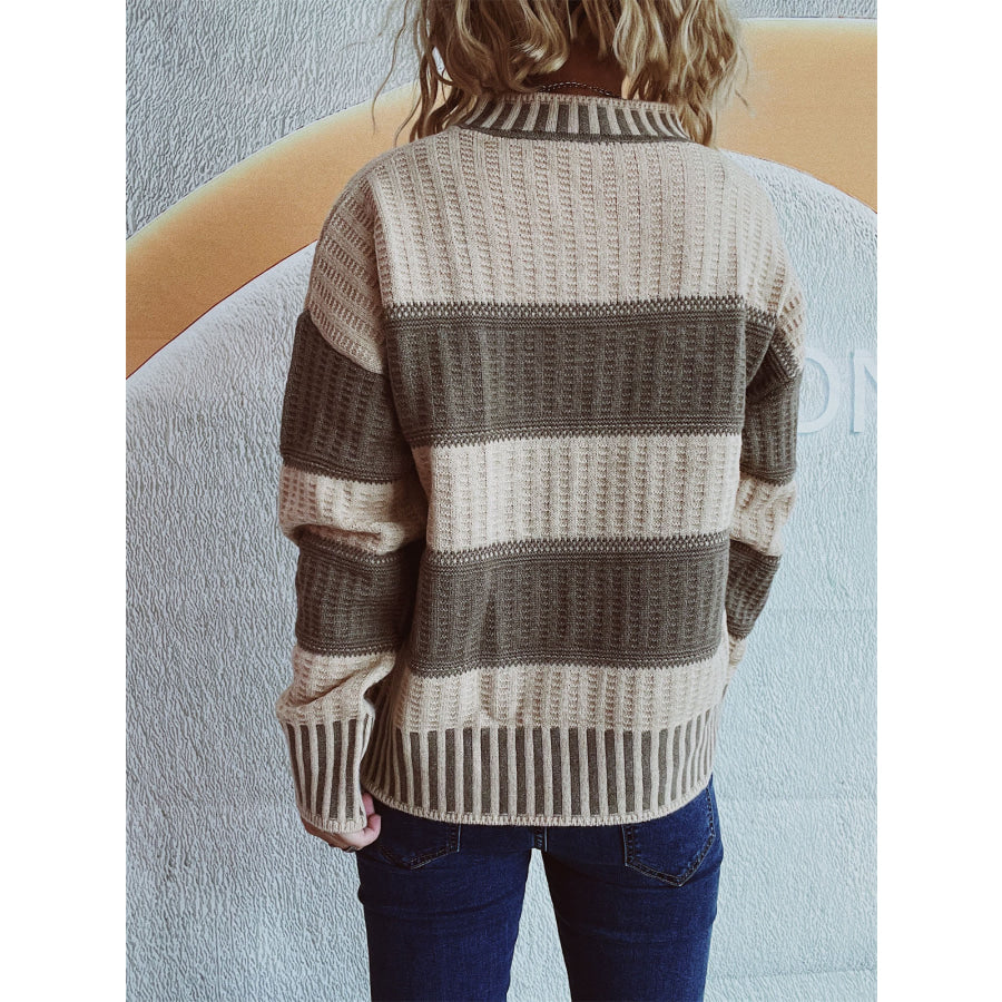 Contrast Round Neck Long Sleeve Sweater Apparel and Accessories