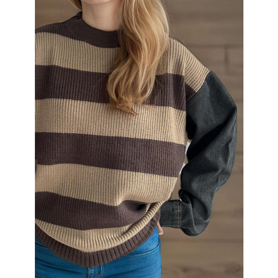 Contrast Round Neck Long Sleeve Sweater Apparel and Accessories