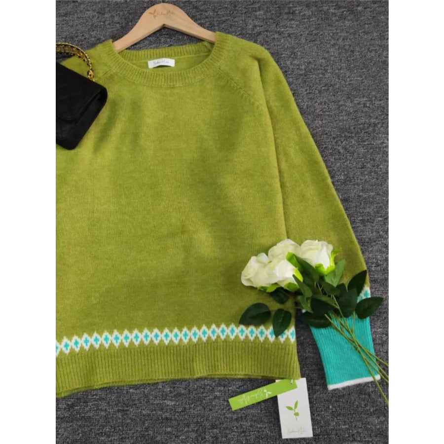 Contrast Round Neck Long Sleeve Sweater Lime / S Apparel and Accessories