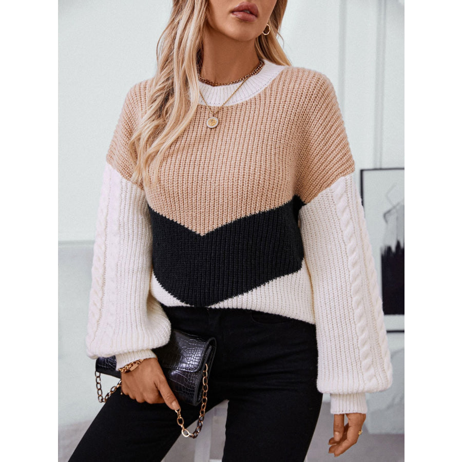 Contrast Round Neck Long Sleeve Sweater Apparel and Accessories