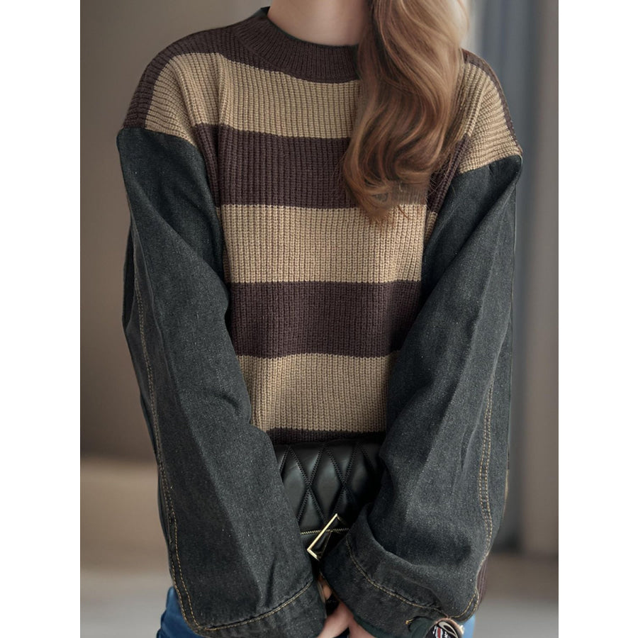 Contrast Round Neck Long Sleeve Sweater Apparel and Accessories