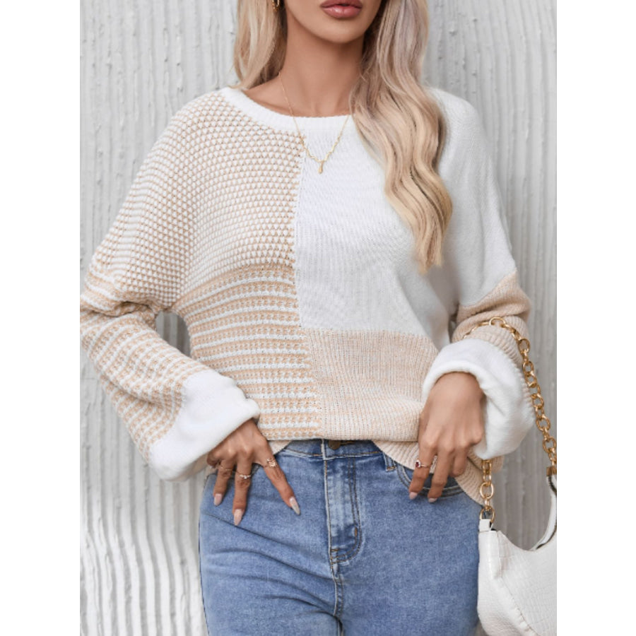 Contrast Round Neck Long Sleeve Sweater Apparel and Accessories