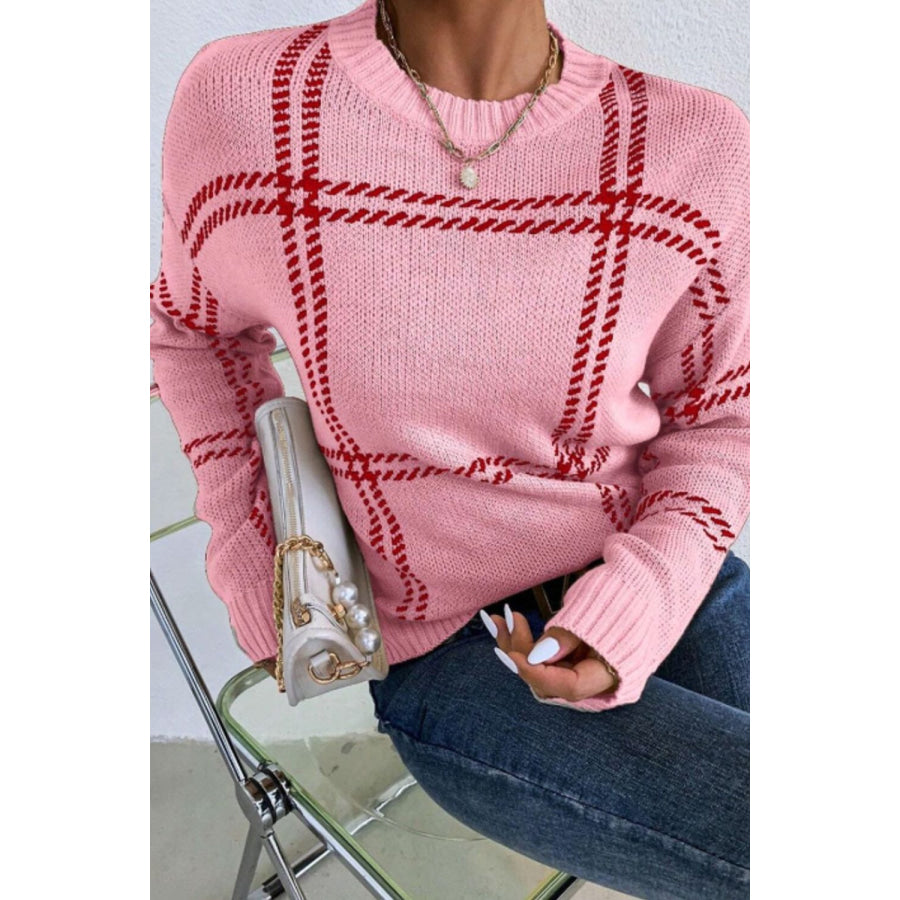 Contrast Round Neck Long Sleeve Sweater Apparel and Accessories