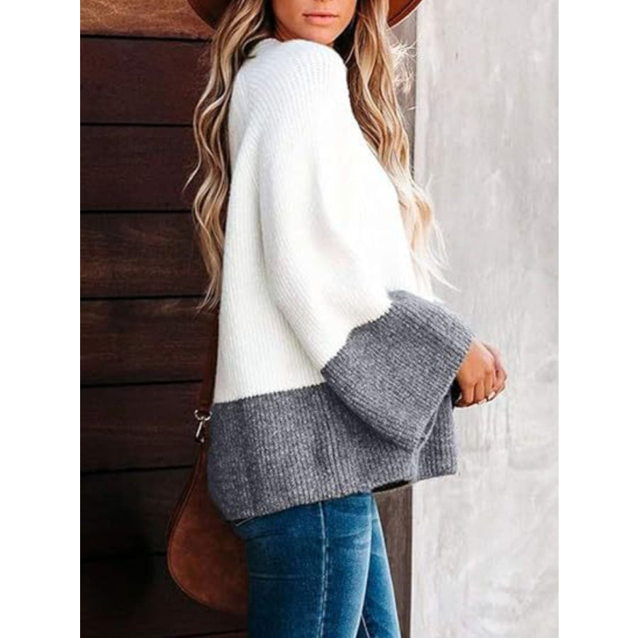 Contrast Round Neck Long Sleeve Sweater Apparel and Accessories