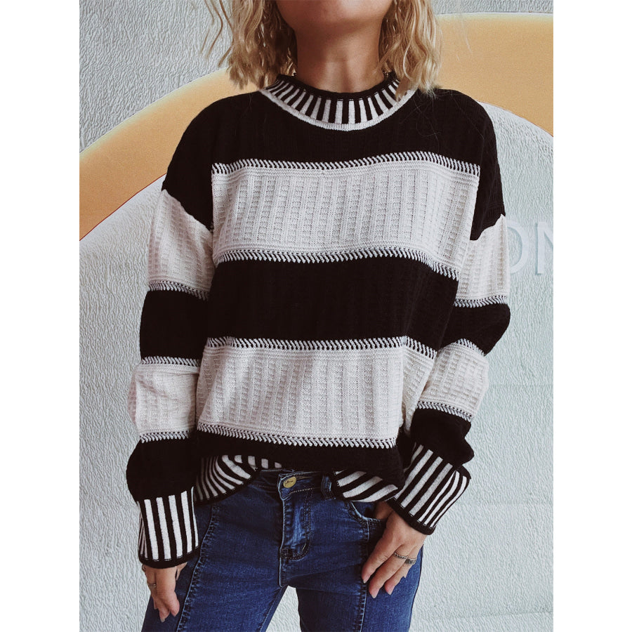 Contrast Round Neck Long Sleeve Sweater Apparel and Accessories