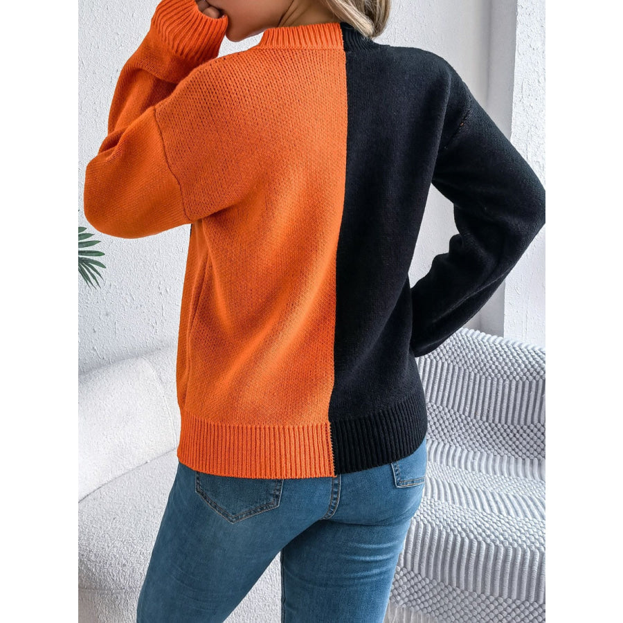 Contrast Round Neck Long Sleeve Sweater Apparel and Accessories