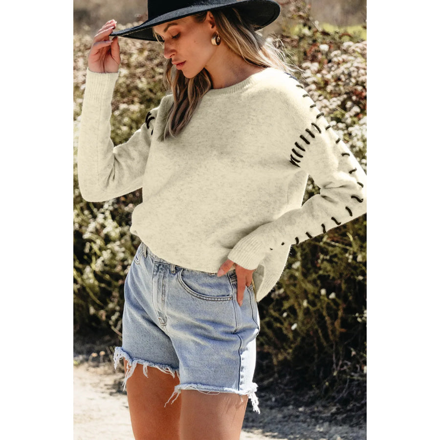 Contrast Round Neck Long Sleeve Sweater Apparel and Accessories