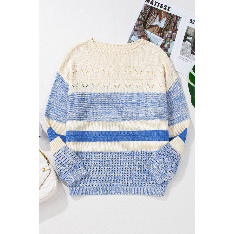 Contrast Round Neck Long Sleeve Sweater Apparel and Accessories